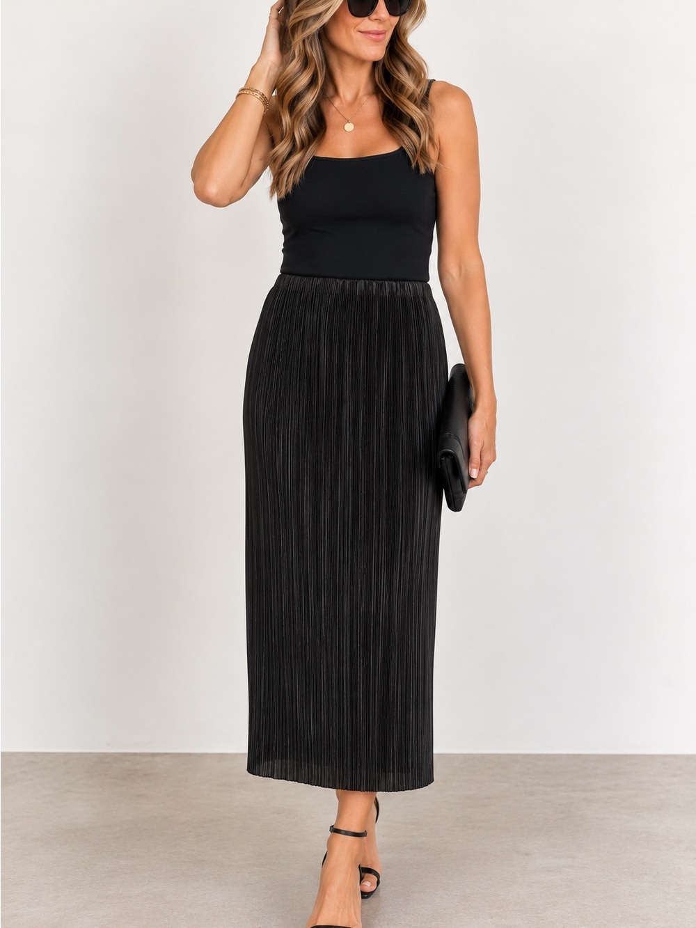 GILLI Black Pleated Midi Maxi Skirt Straight Stretch Waist Elegant L